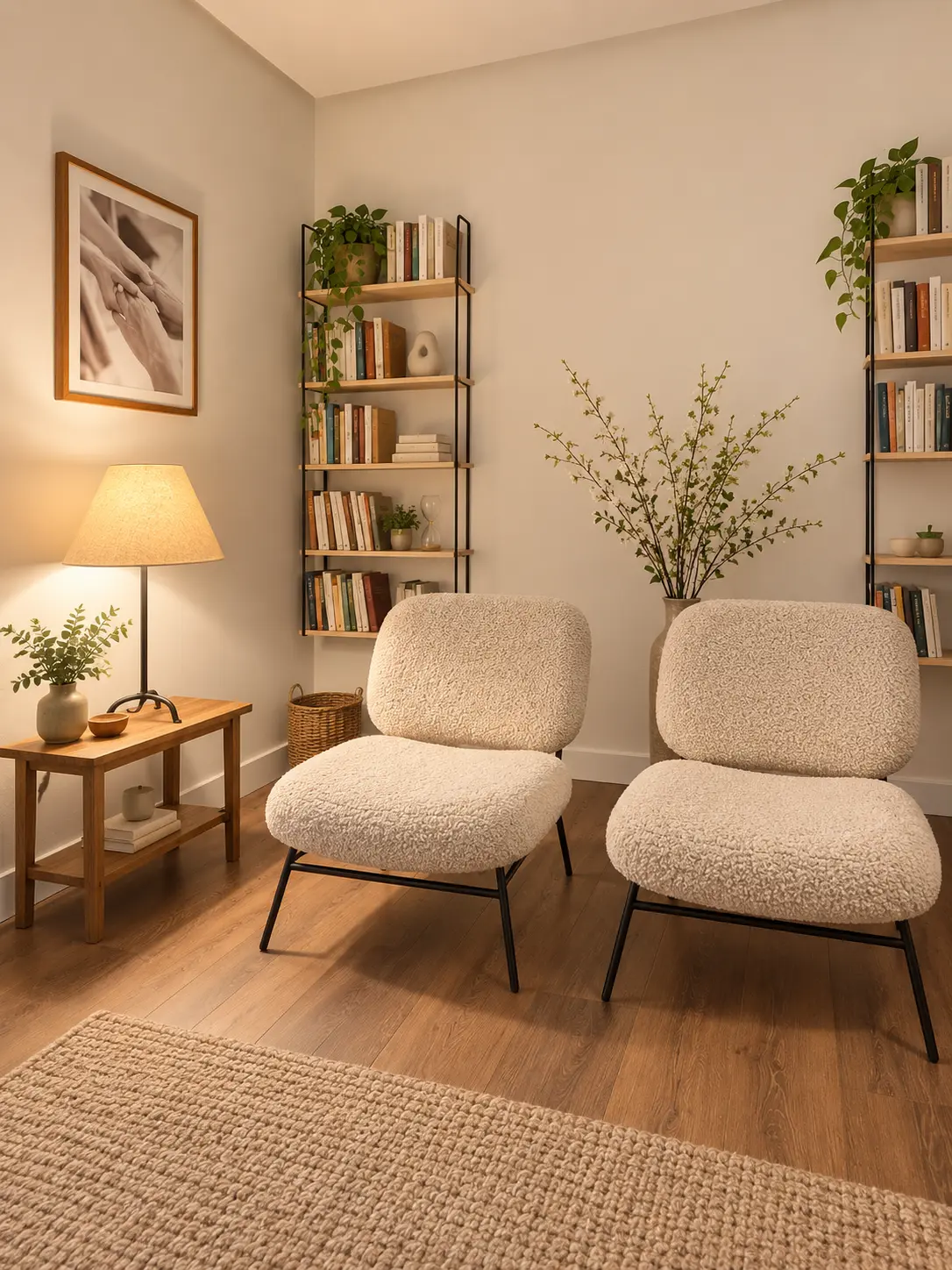 Sala de espera de la consulta, con dos butacas y una estantería de libros